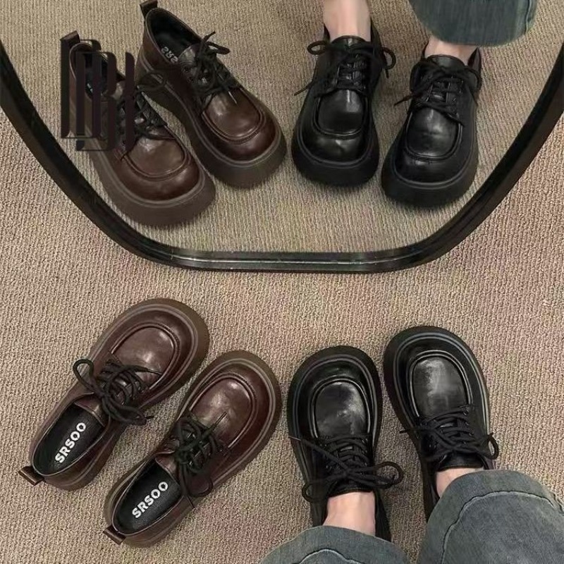 Women'S Shoes - รองเท้าผู้หญิงสไตล์วินเทจสีน้ำตาลแบบผูกเชือก พื้นหนาทรงอ็อกซ์ฟอร์ด หัวกลม พื้นหนา สไตล์ JK